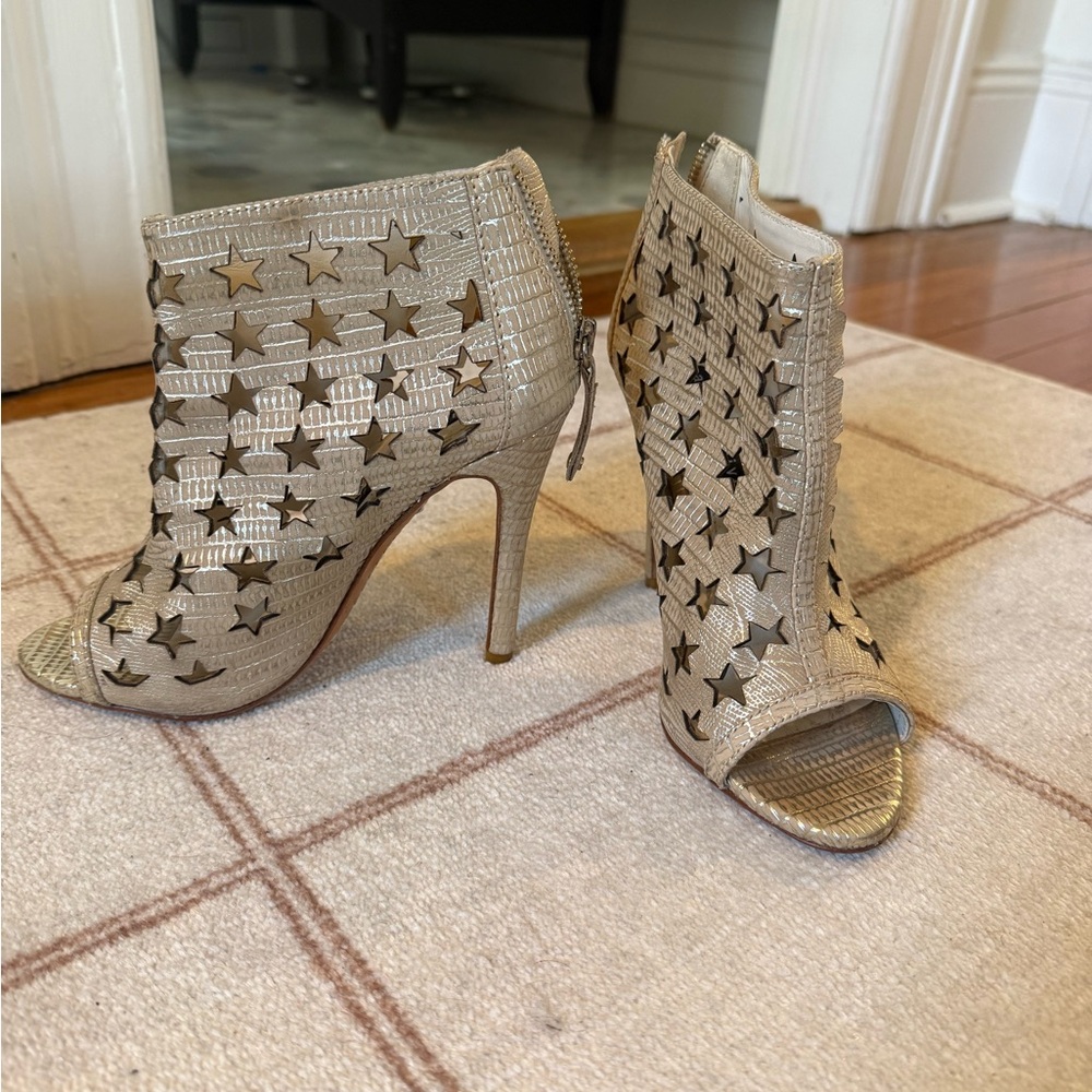 Alice and Olivia Tan/Gold Star Cutout Heeled Booties